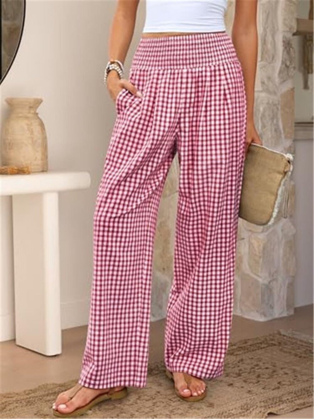 Women's Red Palazzo Pants, Striped & Gingham, Lounge & Casual, Lounge Pants - Picture 7 of 11